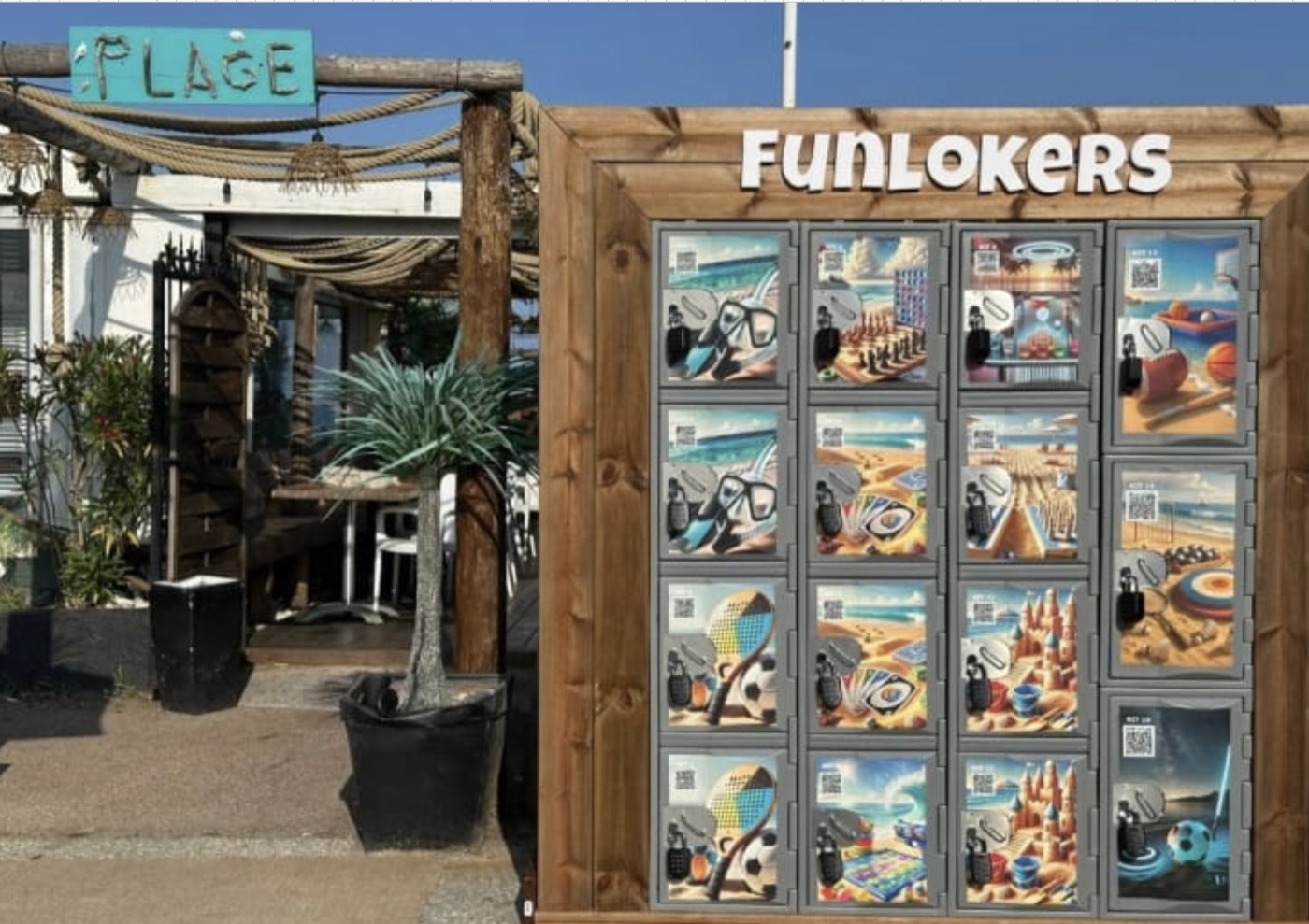 Funlokers beachside lockers displaying the leisure and games kits available to rent