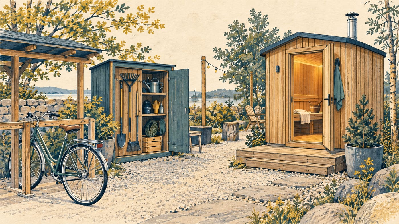 Illustration of a bicycle, tool cabinet and bookable timber sauna