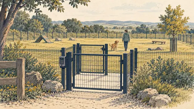 Illustrated dog exercise field with a double-gate entrance and booking keypad