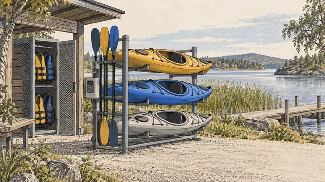 Illustrated lakeside kayak rack with paddles, an access keypad and equipment cabinet