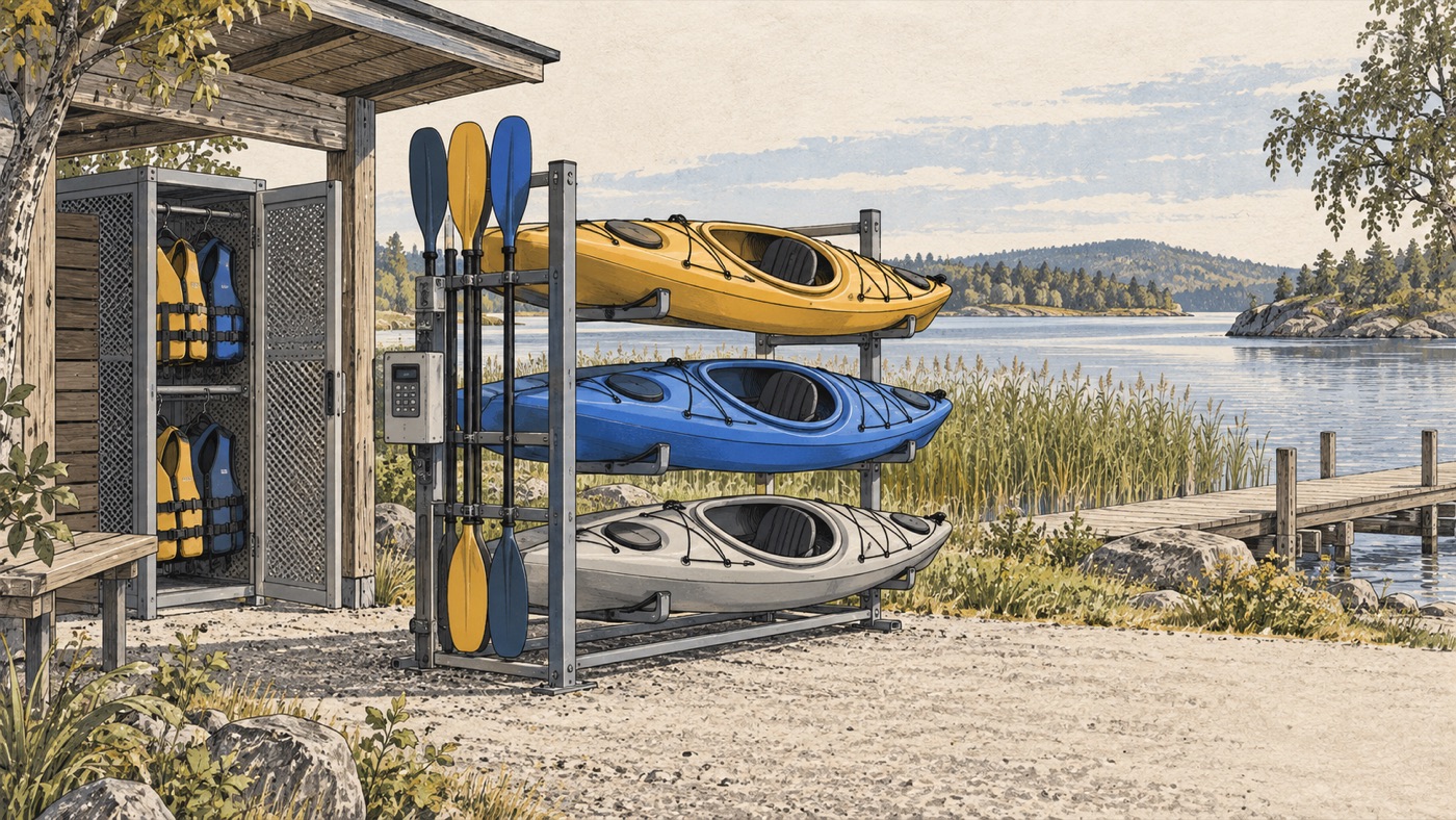 Illustrated lakeside kayak rack with paddles, an access keypad and equipment cabinet