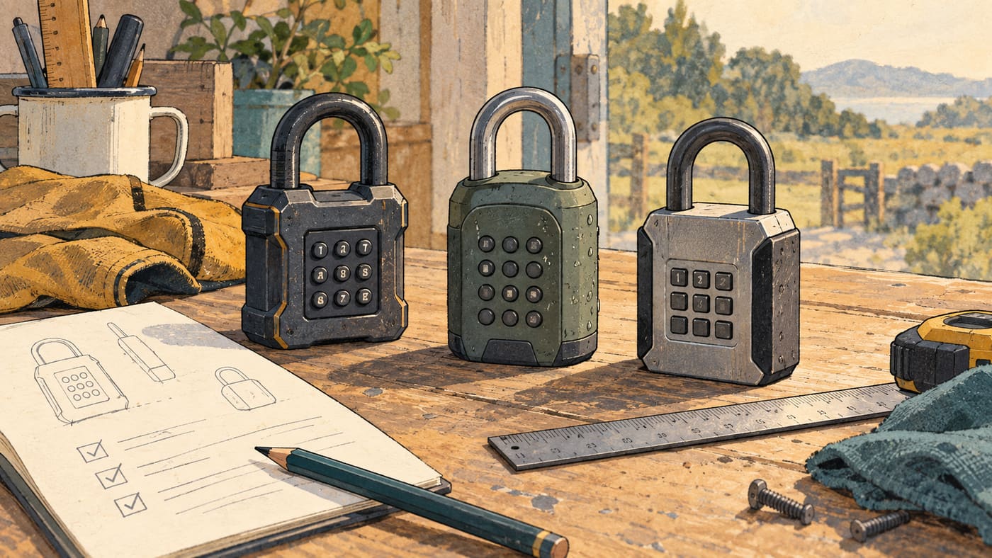 Illustration of generic keypad padlocks, measuring tools and inspection notes