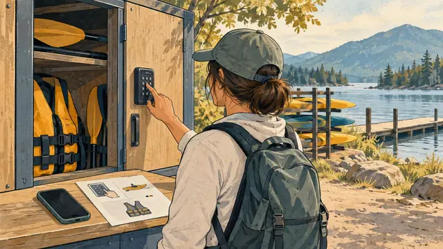 Illustration of a customer using a keypad at a paddle-equipment cabinet with a phone nearby
