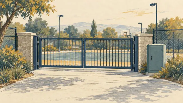 Illustration of a sports-court gate beside a closed controller cabinet