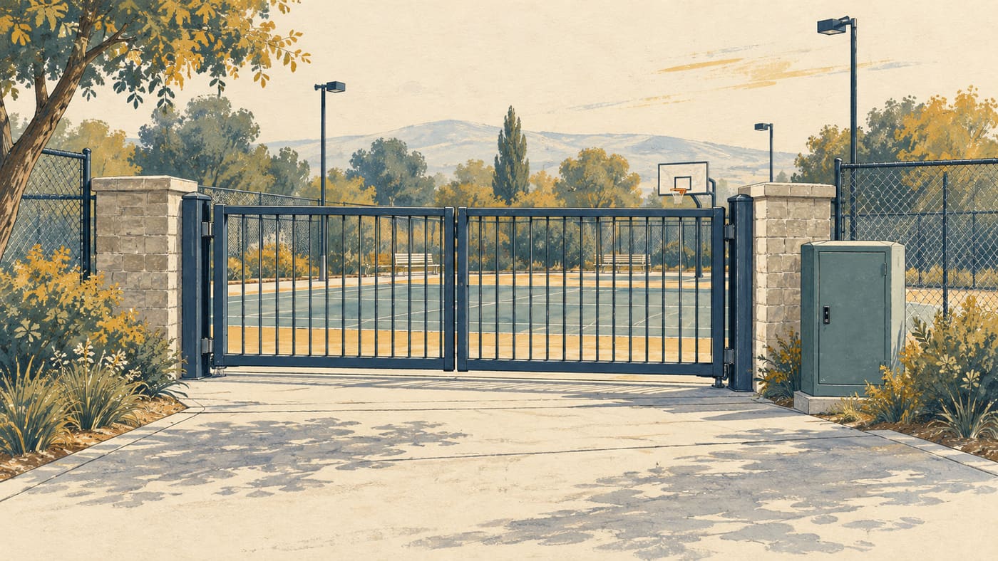 Illustration of a sports-court gate beside a closed controller cabinet