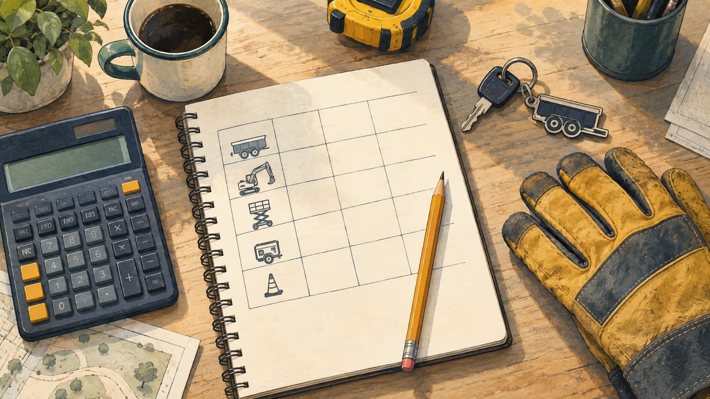 Illustrated operator desk with calculator, cost notebook, keys and work gloves