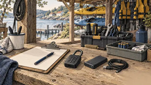Illustrated rental maintenance workbench with a generic keypad lock, tools and service supplies