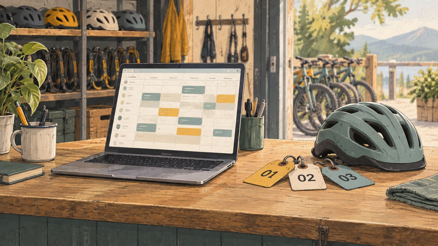 Illustrated rental counter with a laptop booking calendar and equipment tags