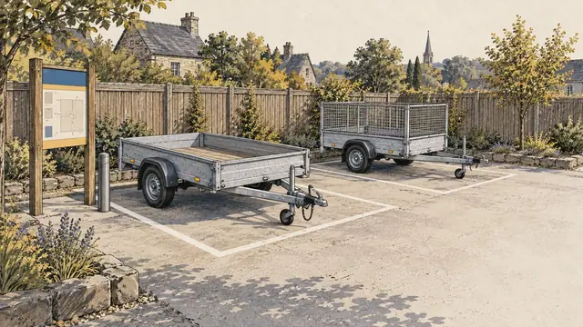 Illustrated utility trailers in separate collection and return bays
