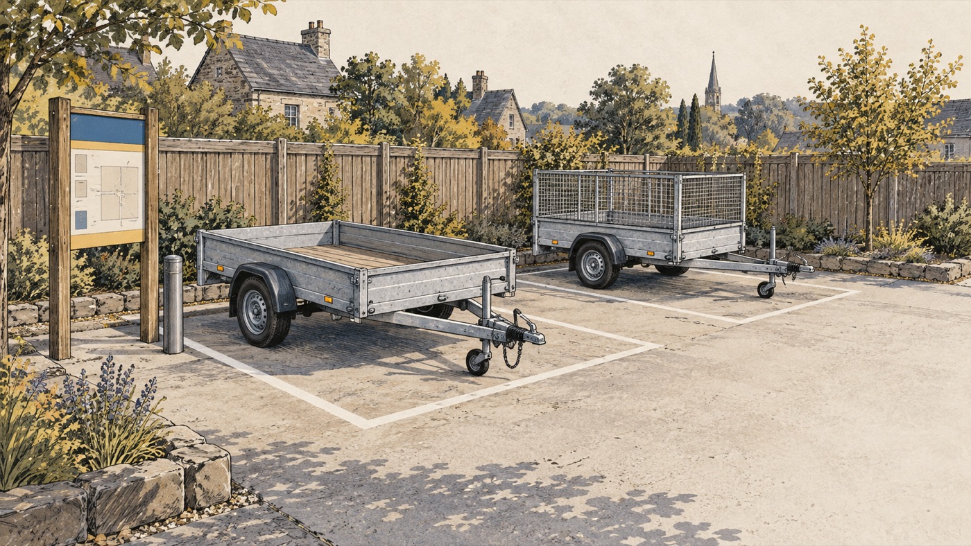 Illustrated utility trailers in separate collection and return bays
