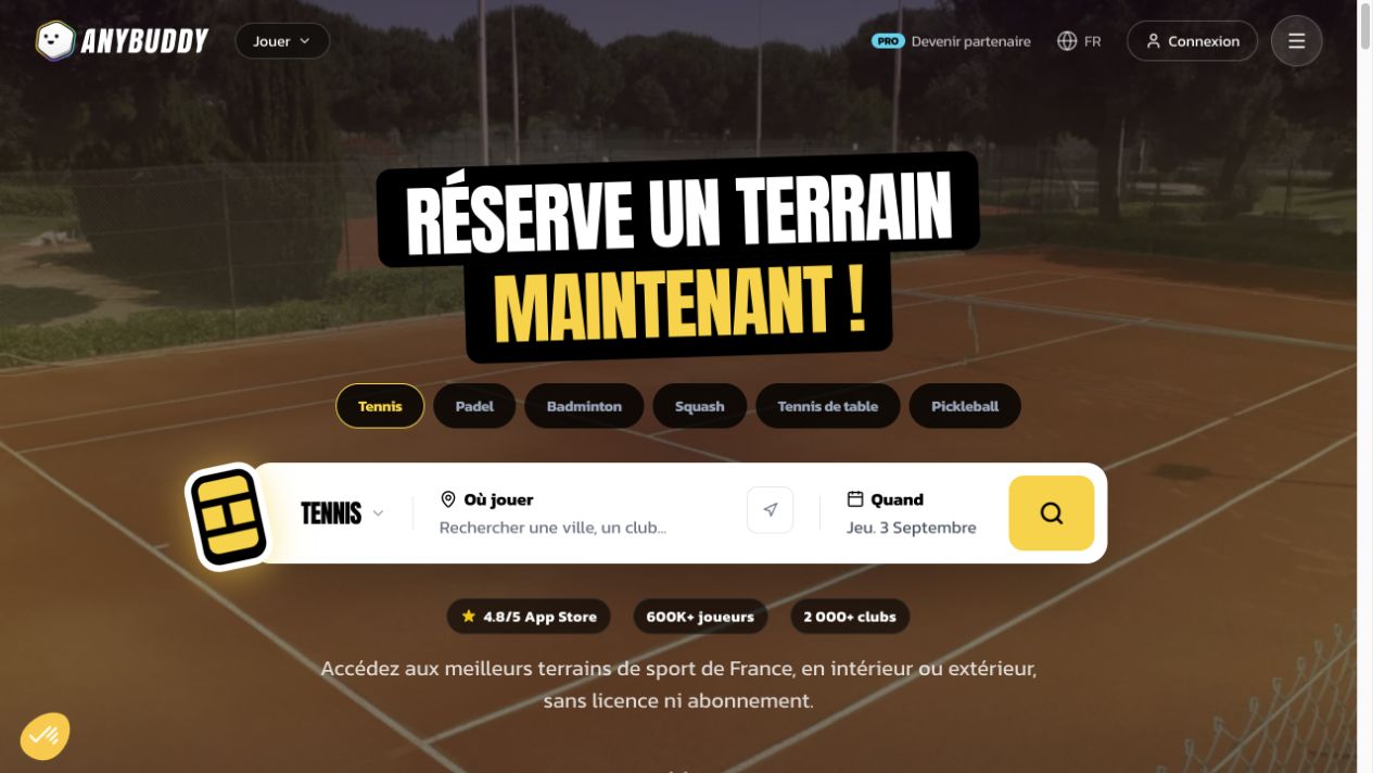 Anybuddy public booking website with sport, location and date search