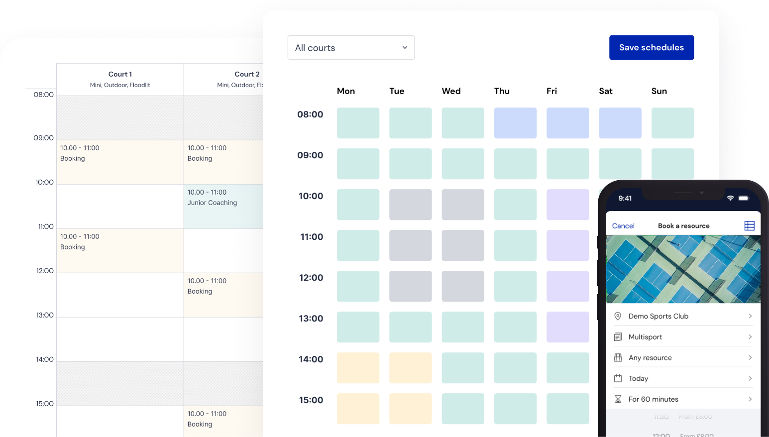 ClubSpark court schedules and mobile resource booking interface