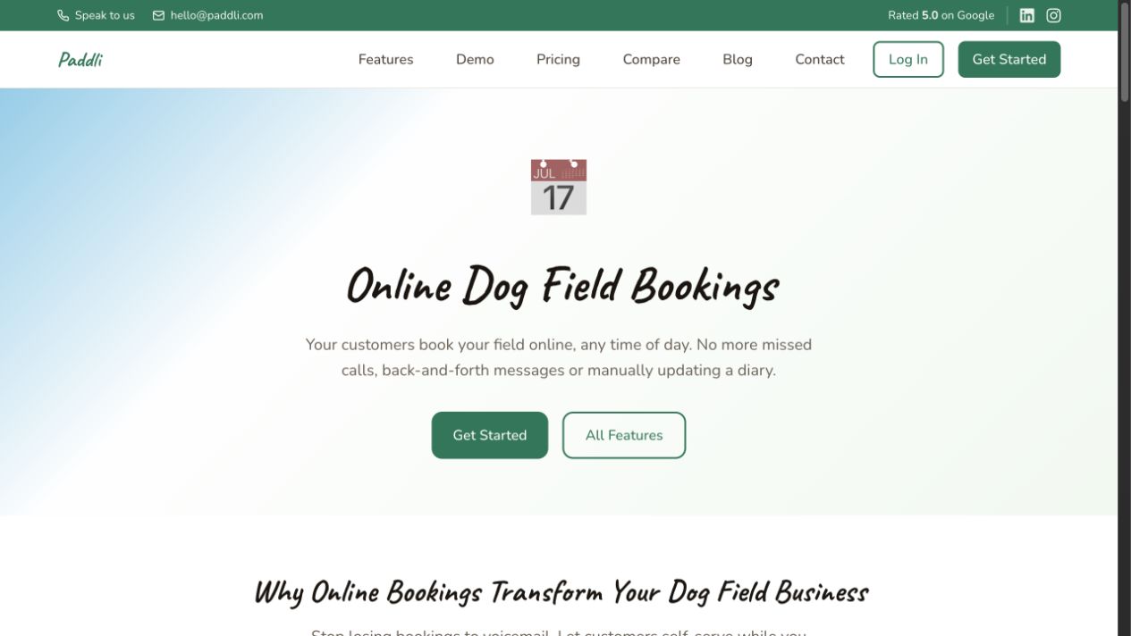 Paddli website explaining online dog-field bookings